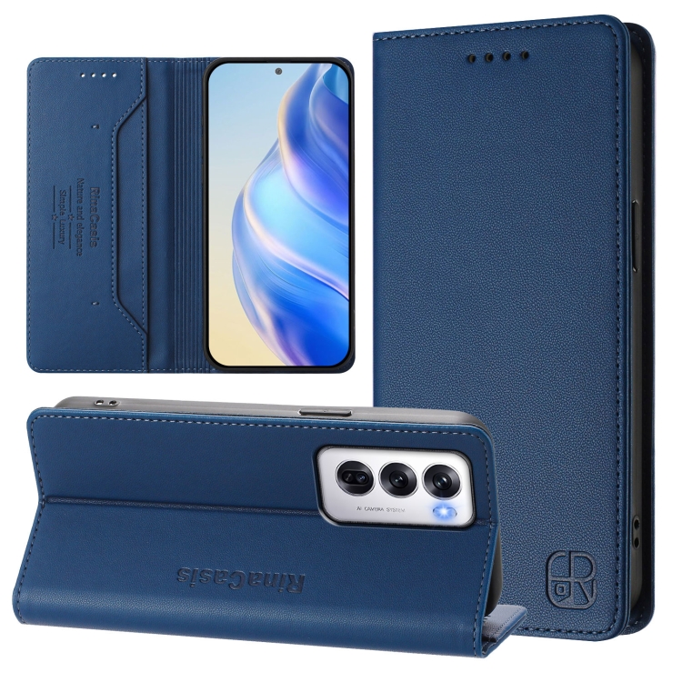 

For OPPO Reno12 5G Global RC01 Dual-Folded Magnetic Suction RFID Leather Phone Case(Dark Blue)