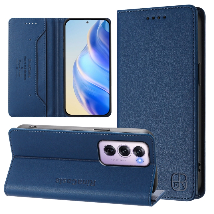 

For OPPO Reno12 Pro 5G Global RC01 Dual-Folded Magnetic Suction RFID Leather Phone Case(Dark Blue)