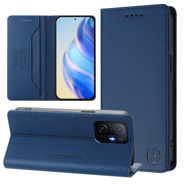 

For Xiaomi 11T / 11T Pro RC01 Dual-Folded Magnetic Suction RFID Leather Phone Case(Dark Blue)