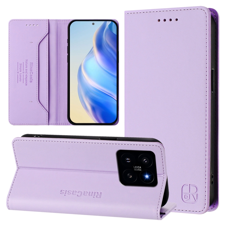 

For Xiaomi 14 5G RC01 Dual-Folded Magnetic Suction RFID Leather Phone Case(Light Purple)