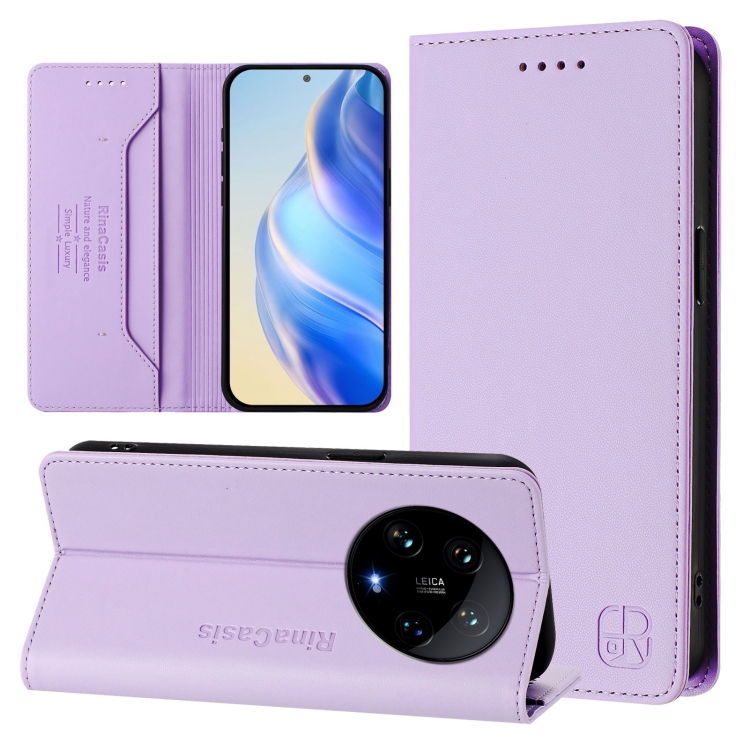 

For Xiaomi 14 Ultra 5G RC01 Dual-Folded Magnetic Suction RFID Leather Phone Case(Light Purple)