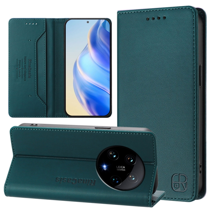 

For Xiaomi 14 Ultra 5G RC01 Dual-Folded Magnetic Suction RFID Leather Phone Case(Dark Green)