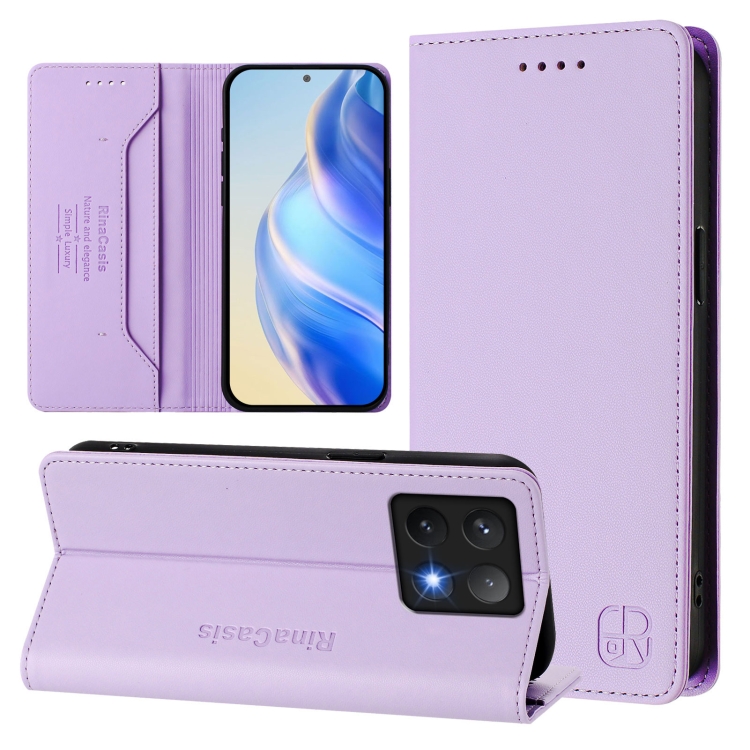 

For Xiaomi 14T RC01 Dual-Folded Magnetic Suction RFID Leather Phone Case(Light Purple)