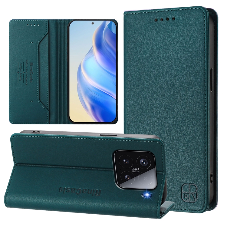 

For Xiaomi 15 RC01 Dual-Folded Magnetic Suction RFID Leather Phone Case(Dark Green)