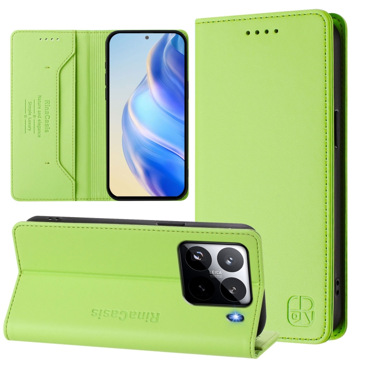 

For Xiaomi 15 Pro RC01 Dual-Folded Magnetic Suction RFID Leather Phone Case(Grass Green)