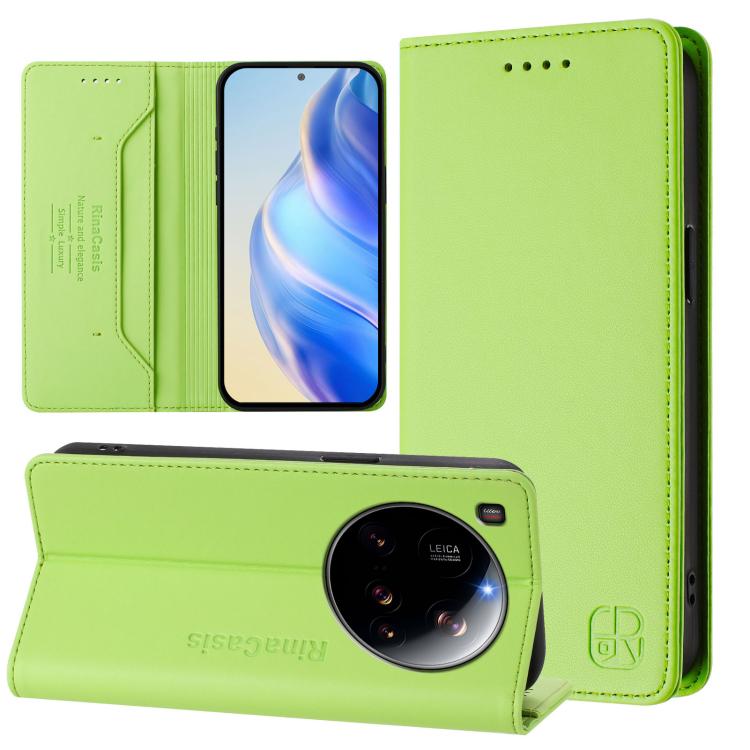 

For Xiaomi 15 Ultra RC01 Dual-Folded Magnetic Suction RFID Leather Phone Case(Grass Green)