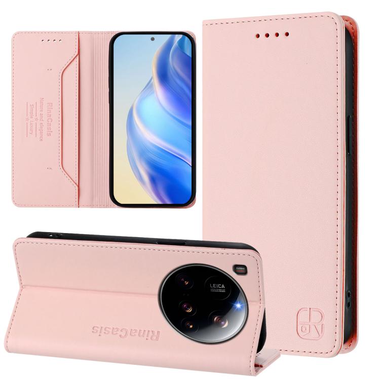 

For Xiaomi 15 Ultra RC01 Dual-Folded Magnetic Suction RFID Leather Phone Case(Pink)