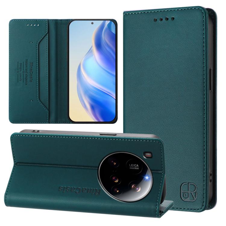 

For Xiaomi 15 Ultra RC01 Dual-Folded Magnetic Suction RFID Leather Phone Case(Dark Green)