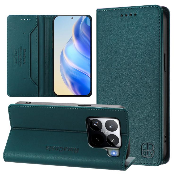 

For Xiaomi 15S Pro RC01 Dual-Folded Magnetic Suction RFID Leather Phone Case(Dark Green)