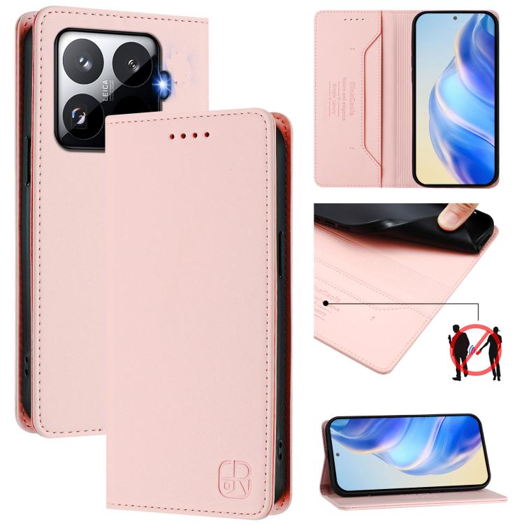 

For Xiaomi 15T Pro RC01 Dual-Folded Magnetic Suction RFID Leather Phone Case(Pink)