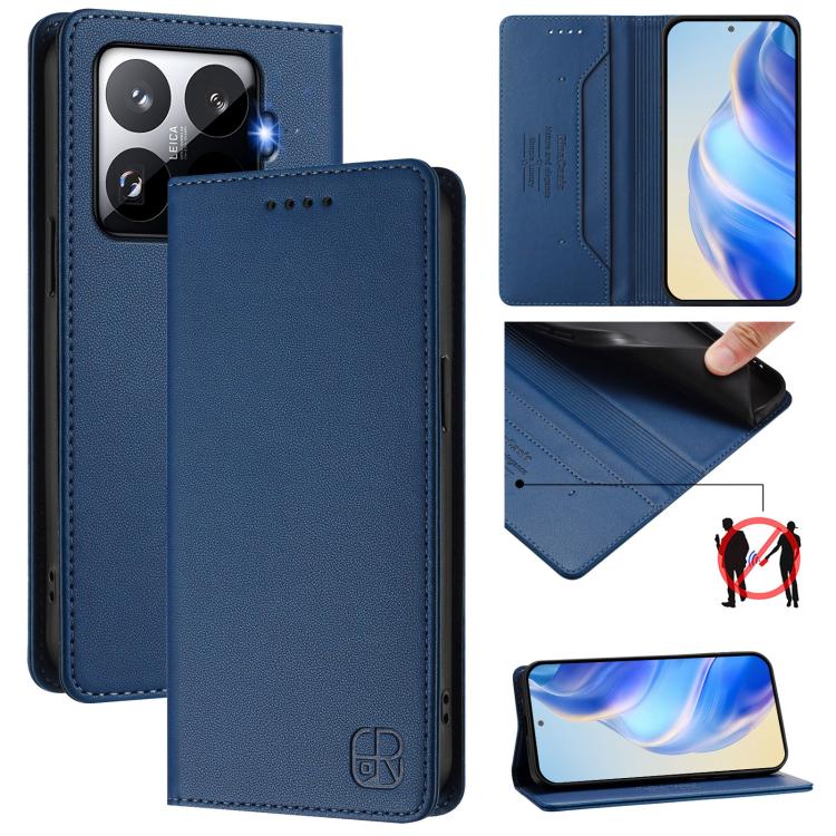 

For Xiaomi 15T Pro RC01 Dual-Folded Magnetic Suction RFID Leather Phone Case(Dark Blue)