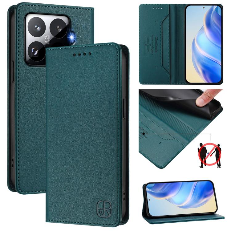 

For Xiaomi 15T Pro RC01 Dual-Folded Magnetic Suction RFID Leather Phone Case(Dark Green)