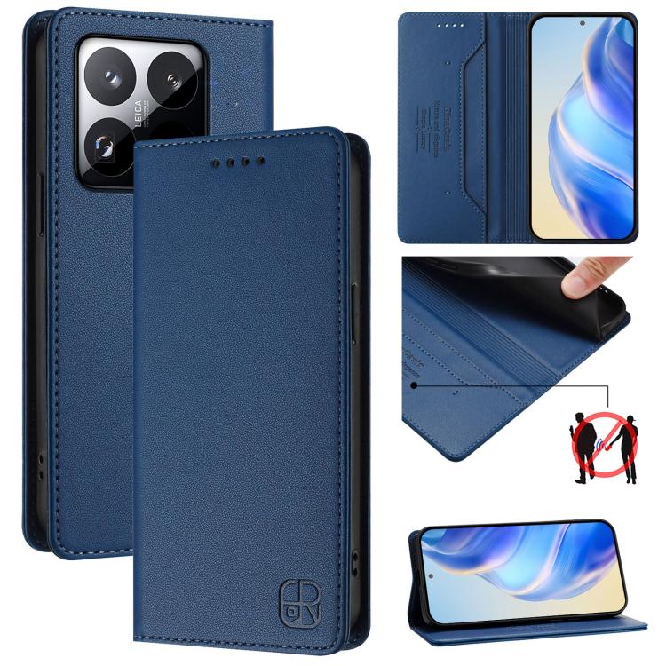 

For Xiaomi 15T RC01 Dual-Folded Magnetic Suction RFID Leather Phone Case(Dark Blue)