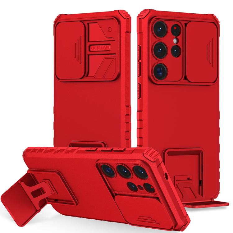 

For Samsung Galaxy S25 Ultra 5G Stereoscopic Holder Sliding Camshield Phone Case(Red)