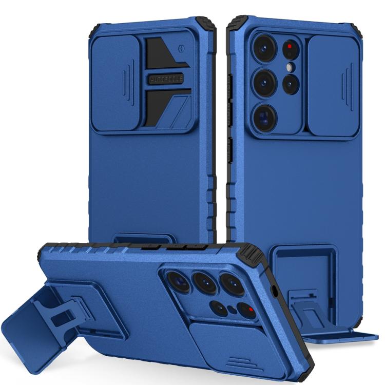 

For Samsung Galaxy S25 Ultra 5G Stereoscopic Holder Sliding Camshield Phone Case(Blue)