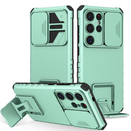 

For Samsung Galaxy S25 Ultra 5G Stereoscopic Holder Sliding Camshield Phone Case(Light Green)