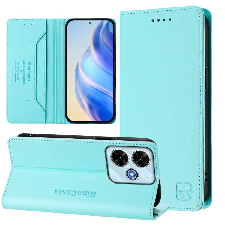 

For Redmi 13 5G / 4G Global RC01 Dual-Folded Magnetic Suction RFID Leather Phone Case(Mint Green)