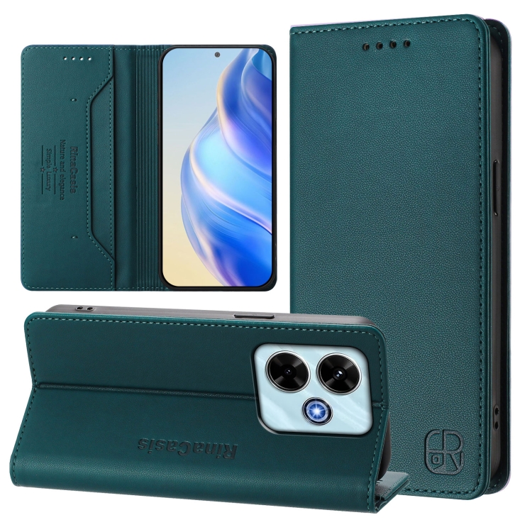 

For Redmi 13 5G / 4G Global RC01 Dual-Folded Magnetic Suction RFID Leather Phone Case(Dark Green)