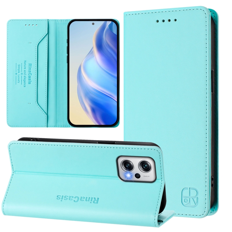 

For Redmi Note 11T Pro+ / Note 12T Pro / K50i RC01 Dual-Folded Magnetic Suction RFID Leather Phone Case(Mint Green)