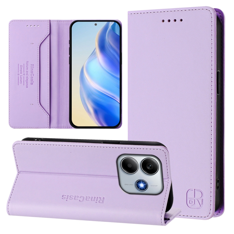 

For Redmi Note 14 5G RC01 Dual-Folded Magnetic Suction RFID Leather Phone Case(Light Purple)