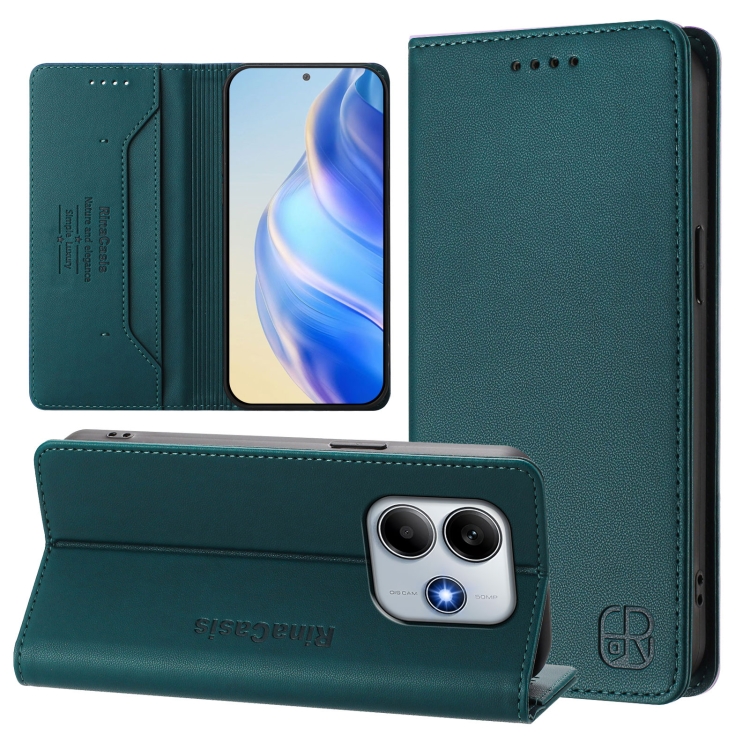 

For Redmi Note 14 5G RC01 Dual-Folded Magnetic Suction RFID Leather Phone Case(Dark Green)