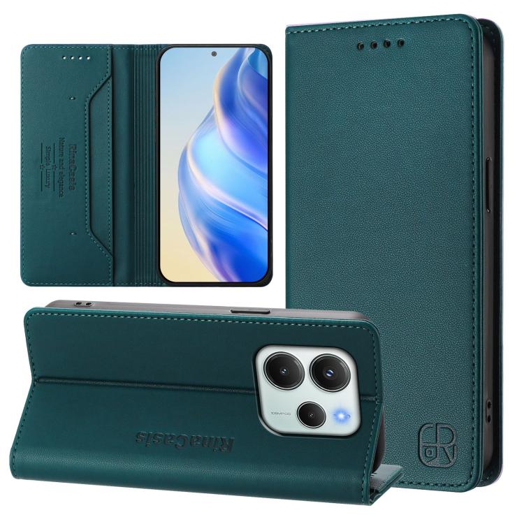 

For Redmi Note 14 4G 164.84mm EU Version RC01 Dual-Folded Magnetic Suction RFID Leather Phone Case(Dark Green)