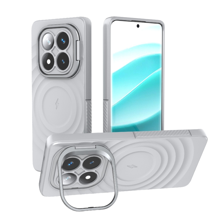 

For Redmi Note 14 Pro 5G Lens Frame Bracket Corrugated MagSafe Phone Case(Grey)