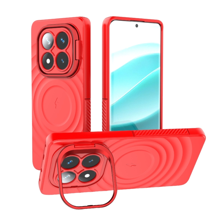 

For Redmi Note 14 Pro 5G Lens Frame Bracket Corrugated MagSafe Phone Case(Red)