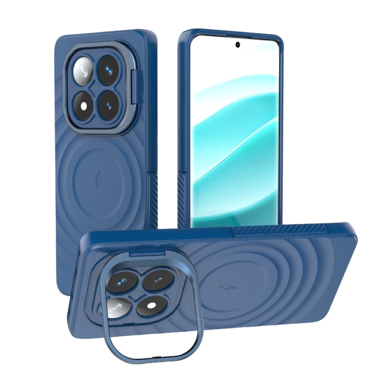 

For Redmi Note 14 Pro 5G Lens Frame Bracket Corrugated MagSafe Phone Case(Dark Blue)
