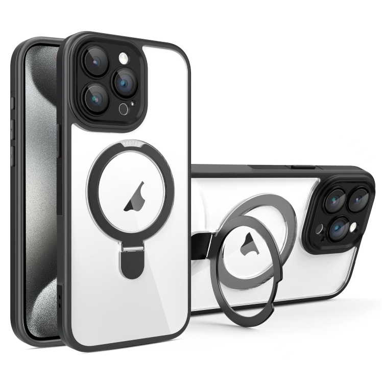 

For iPhone 15 Pro Max Full Coverage Lens Film MagSafe Holder Transparent Phone Case(Black)