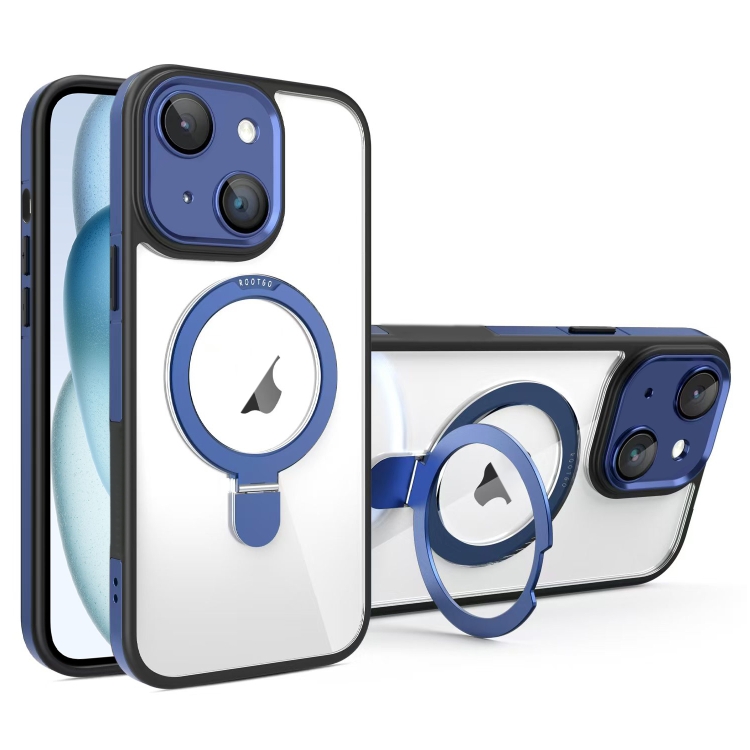 

For iPhone 15 Full Coverage Lens Film MagSafe Holder Transparent Phone Case(Black+Blue)