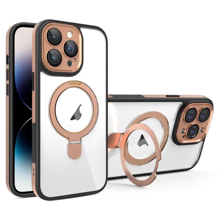 

For iPhone 14 Pro Max Full Coverage Lens Film MagSafe Holder Transparent Phone Case(Black+Gold)