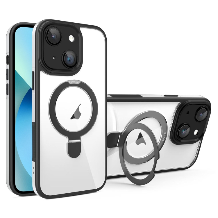 

For iPhone 13 Full Coverage Lens Film MagSafe Holder Transparent Phone Case(Black+White)