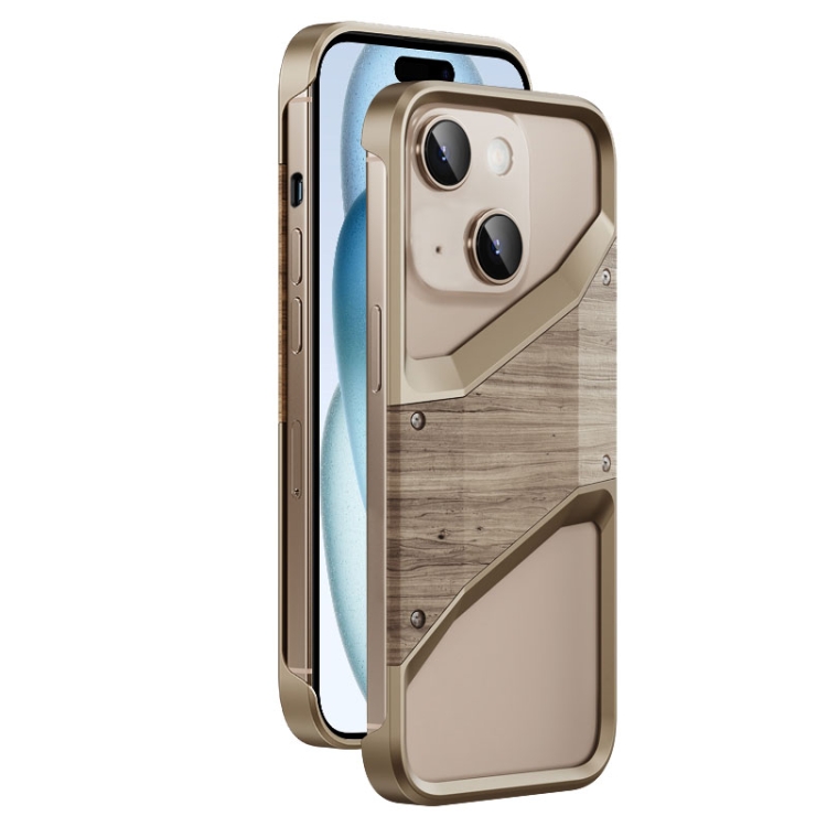 

For iPhone 15 Aluminum Alloy Solid Wood Frameless Hollow Metal Phone Case(Gold)