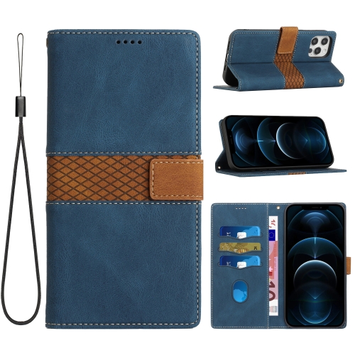 

For iPhone 16 Pro Max Grid Stitching Leather Phone Case with Lanyard(Blue)