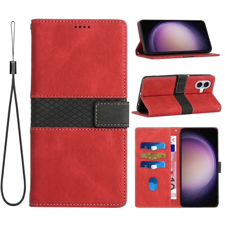 

For iPhone 16 Plus Grid Stitching Leather Phone Case with Lanyard(Red)