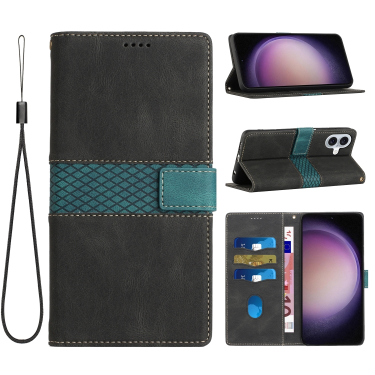 

For iPhone 16 Plus Grid Stitching Leather Phone Case with Lanyard(Black)