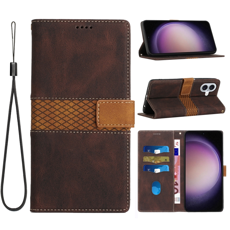

For iPhone 16 Grid Stitching Leather Phone Case with Lanyard(Brown)