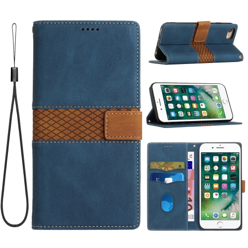 

For iPhone SE 2024 Grid Stitching Leather Phone Case with Lanyard(Blue)