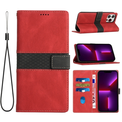 

For iPhone 15 Pro Max Grid Stitching Leather Phone Case with Lanyard(Red)