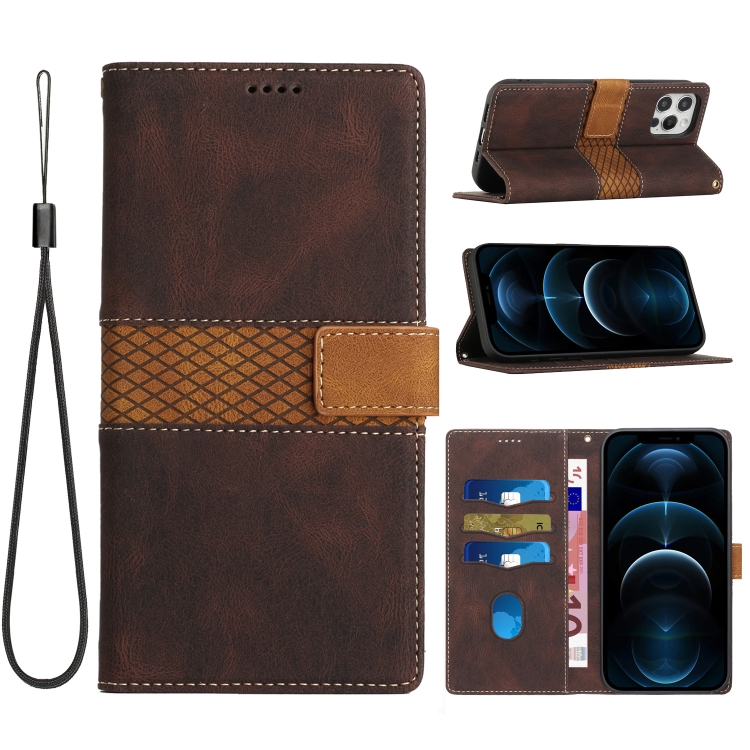 

For iPhone 15 Pro Grid Stitching Leather Phone Case with Lanyard(Brown)