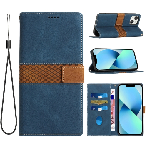 

For iPhone 15 Grid Stitching Leather Phone Case with Lanyard(Blue)