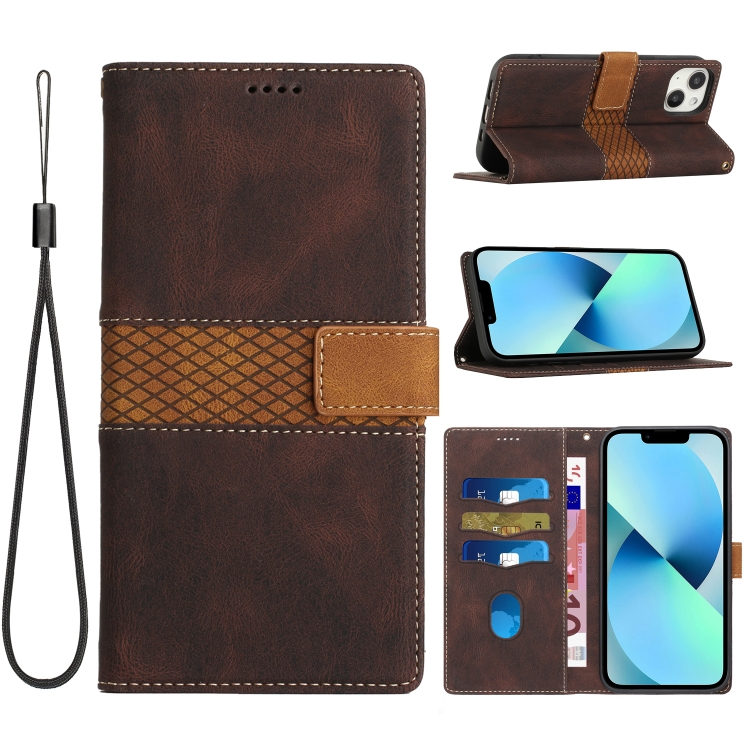 

For iPhone 15 Grid Stitching Leather Phone Case with Lanyard(Brown)