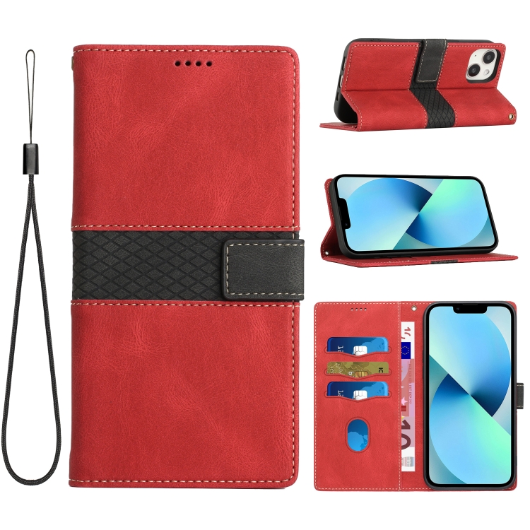 

For iPhone 14 Grid Stitching Leather Phone Case with Lanyard(Red)