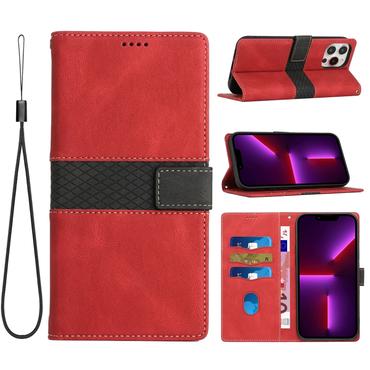 

For iPhone 14 Pro Grid Stitching Leather Phone Case with Lanyard(Red)