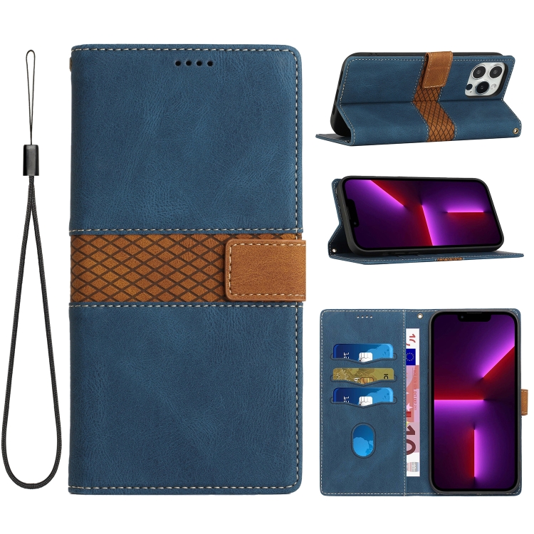 

For iPhone 14 Pro Max Grid Stitching Leather Phone Case with Lanyard(Blue)