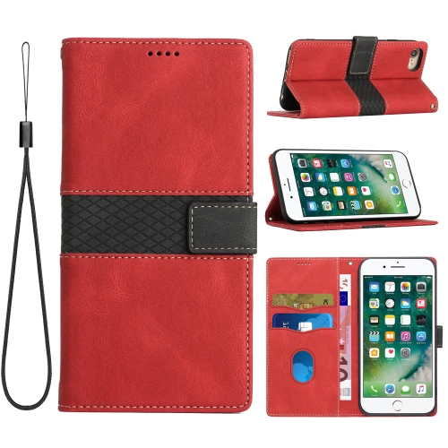 

For iPhone SE 2022 / 2020 Grid Stitching Leather Phone Case with Lanyard(Red)