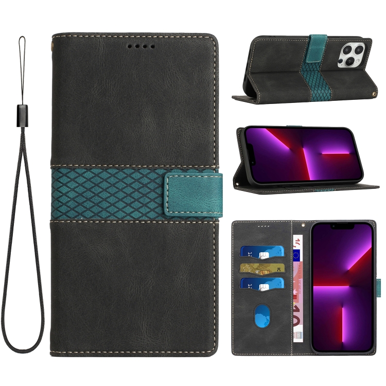 

For iPhone 13 Pro Max Grid Stitching Leather Phone Case with Lanyard(Black)