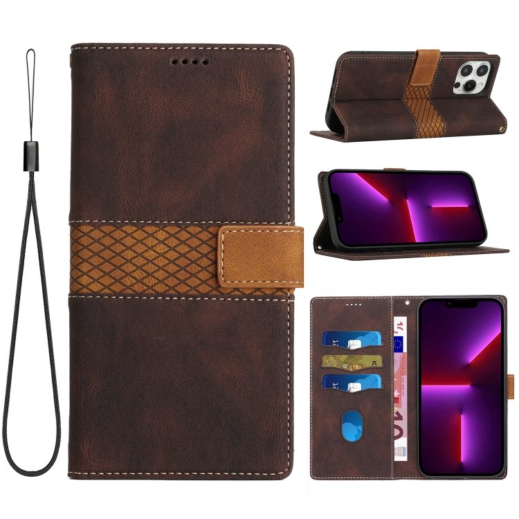 

For iPhone 13 Pro Grid Stitching Leather Phone Case with Lanyard(Brown)