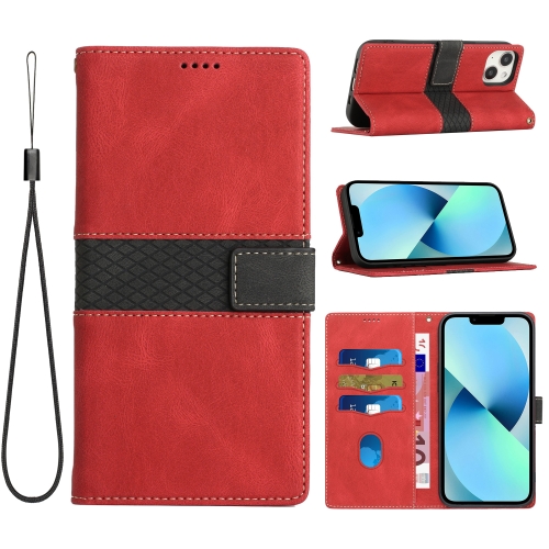 

For iPhone 13 Grid Stitching Leather Phone Case with Lanyard(Red)